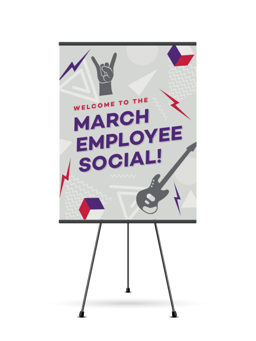 Easel banner for the March Employee Social event featuring rock'n'roll symbols